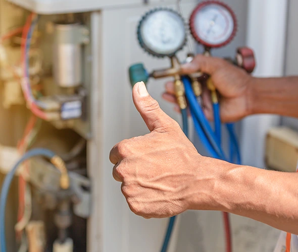 Technician giving thumbs up, representing satisfaction with reliable heating repair services